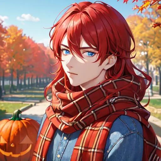 Prompt: Zerif 1male (Red side-swept hair covering his right eye, blue eyes), highly detailed face, wearing a cozy flannel shirt and a pair of stylish jeans. In the park, fall.  wearing a scarf, looking up at the sky, in a pumpkin patch, adult. Handsome,  detailed, UHD, HD, 4K, highly detailed, red haze, masculine, anime style kissing haley