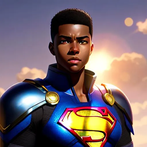 Prompt: fourteen-year old black teenage boy, black hair, African-American hair texture, short close-cropped fade haircut, superhero, kryptonian, smooth soft skin, heat vision, soft lighting, detailed face, concept art, digital painting, by rossdraws, makoto shinkai, Alex Flores, Dao Trong Le, Mingchen Shen, Newmilky, stanley artgerm lau, wlop