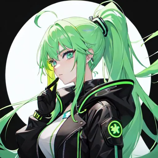 Prompt: She has a long, distinctive neon-green that fades to neon-blue hair in a ponytail, heterochromia eyes, symmetrical, anime wide eyes, as a bounty hunter
