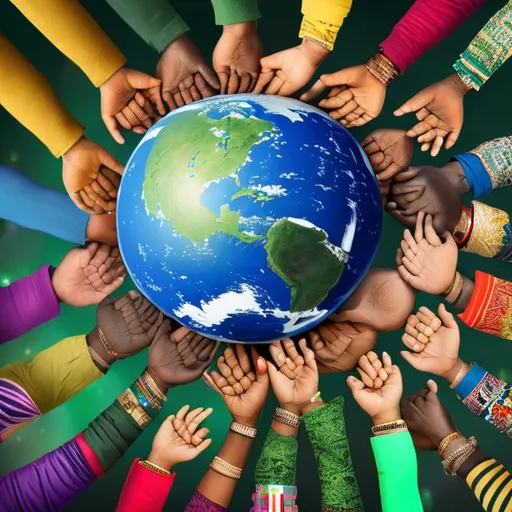 Prompt: **Title:** "Unity in Diversity: Embrace, Respect, and Thrive"

**Design:**

- The background should be a globe, emphasizing the global nature of diversity.
- Use a vibrant color palette representing different cultures.
- Arrange images and text in a visually appealing and balanced manner.

**Content:**

**Header:**
   - A large, bold title "Unity in Diversity."

**Main Visual:**
   - A central image of diverse people holding hands in unity, forming a circle around the globe.
   - Each person represents a different ethnicity, age, and gender.

**Quotes:**
   - Inspirational quotes from prominent figures advocating diversity and tolerance.
   - Example: "Our differences make us stronger." - Unknown


**Footer:**
    - Include a brief statement summarizing the overall message, such as "Diversity is our strength. Together, we can create a better world."