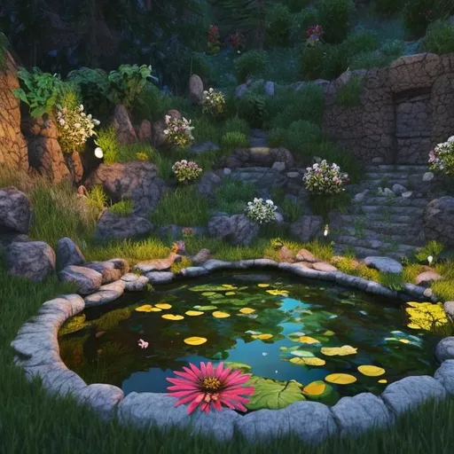 Prompt: realistic pond with flowers around it with stones bordering the pond in the middle of a dark forest