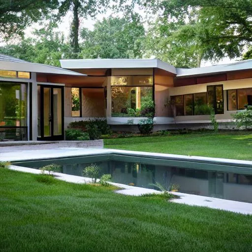 Prompt: Phillip Johnson design a beautiful single-story house, all windows across the outside
 5000 square feet, Feng Shui