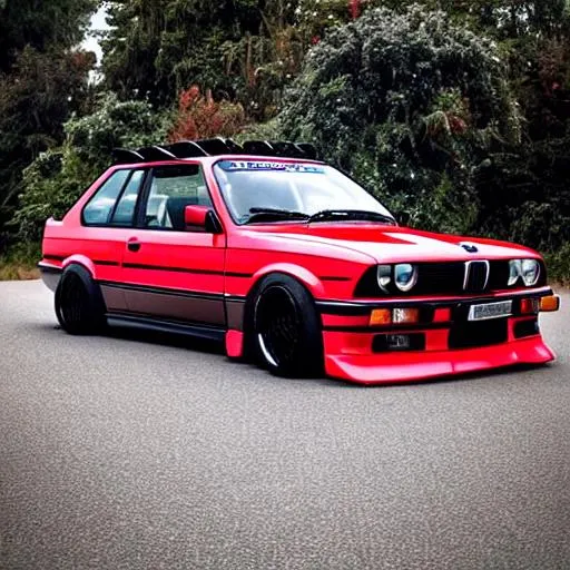 Prompt: a BMW E30 in black and red details with a futuristic look. Big spoiler and front bumper, massive wheels.
Add metal wings to the car.
The car must be fully seen. 

