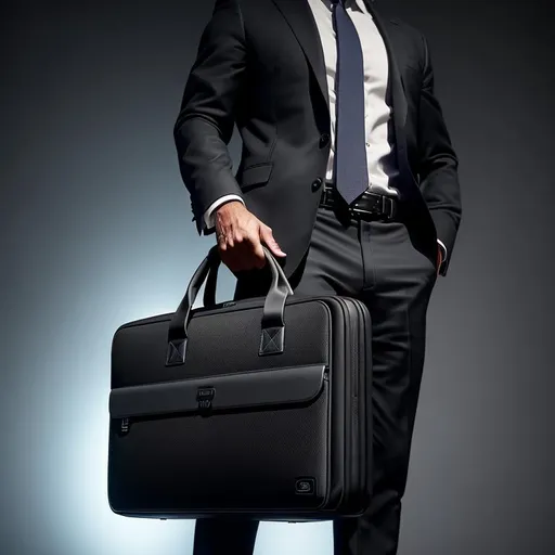 Prompt: a 10th level Demon, Businessman, holding a thin black briefcase, standing at ease, photorealistic, ambient lighting, 12k, ultra realistic, in the style of Jeremy Geddes, Canon EOS R6, 55mm, super quality, ultra detailed, ambient bokeh surroundings, movie poster art, epic