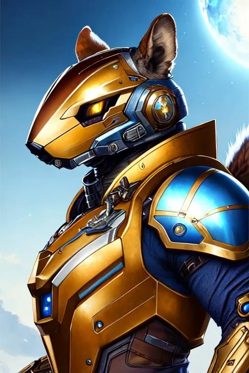 Prompt: Poster art, high-quality high-detail highly-detailed breathtaking hero ((by Aleksi Briclot and Stanley Artgerm Lau)) - ((a squirrel )),  male, squirrel helmet, highly detailed squirrel head,  detailed brown fur, detailed blue and gold and white mech suit, full body, black futuristic mech armor, wearing mech armour suit, 8k,  full form, detailed forest setting, has highly detailed flame thrower, full form, epic, 8k HD, fire, sharp focus, ultra realistic clarity. Hyper realistic, Detailed face, portrait, realistic, close to perfection, more black in the armour, 
wearing blue and black cape, wearing carbon black cloak with yellow, full body, high quality cell shaded illustration, ((full body)), dynamic pose, perfect anatomy, centered, freedom, soul, Black short hair, approach to perfection, cell shading, 8k , cinematic dramatic atmosphere, watercolor painting, global illumination, detailed and intricate environment, artstation, concept art, fluid and sharp focus, volumetric lighting, cinematic lighting, 
