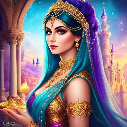 Prompt: Tamina as a Princess of persia, detailed beauty face, detailed beauty eyes, perfect long hair, surreal beauty, soft light, surrounded by Castle in Prince of Persia, surrounded by full color julia clusters fractal in hyperbolic space., long shot