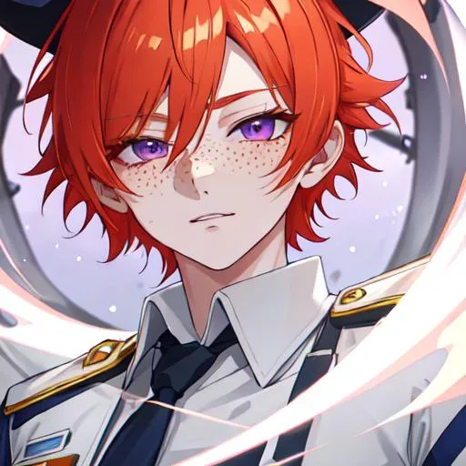 Prompt: Erikku male adult (short ginger hair, freckles, right eye blue left eye purple) UHD, 8K, Highly detailed, insane detail, best quality, high quality,  anime style, as a police officer