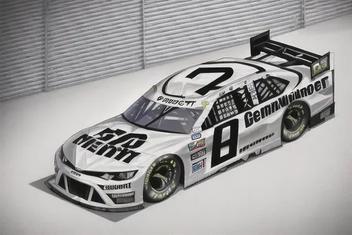 Prompt: Next Gen Nascar stock car, sponsored by OpenArt, white and dark grey color scheme