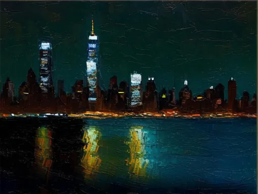 Prompt: Thick oil impasto York Skyline from 42nd Street Pier, thick oil impasto