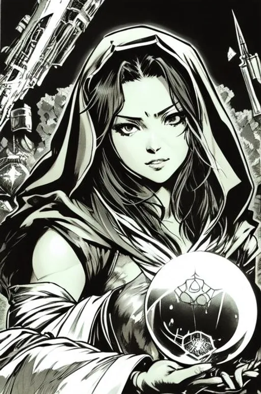 Prompt: (((Yoji Shinkawa))), sticker of ultra detailed portrait of she hulk as hooded fortune teller, holding large crystal ball, ((wearing a hood robe)), high quality cell shaded illustration in post apocalyptic style by Yoji Shinkawa, ((full body)), dynamic pose, perfect anatomy, centered, freedom, soul, black long hair, approach to perfection, cell, ((green skin color)), shading, 4k , has a large crystal ball, evil grin, beautiful, cinematic dramatic {Concept 
sheet} atmosphere, watercolor painting, global illumination, detailed and intricate environment, artstation, concept art, fluid and sharp focus, volumetric lighting, cinematic lighting, Art by Yoji Shinkawa,