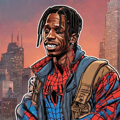 Prompt: Travis Scott as Spiderman in a comic book artstyle