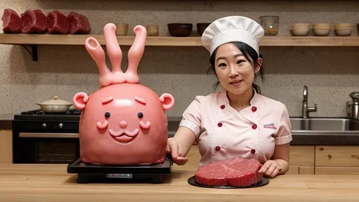 Prompt: The kawaii wax meat chef teaches you how to fry a vegan cake for your homeware