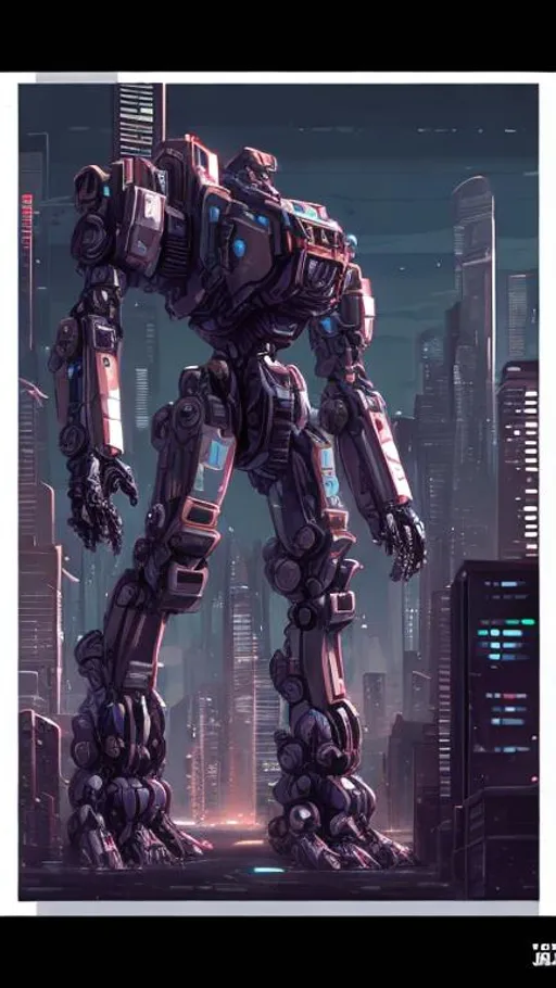 Sci fi gargantuan bipedal mech. cityscape background