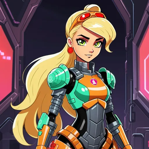 Prompt: cyberpunk equestria girls applejack with a single ponytail wearing sci fi armor