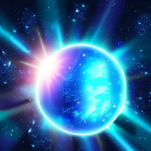 Prompt: Universal Zero point light blue glowing orb epic in space. stars universe galactic star background