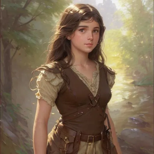 Prompt:           A  girl, with chocolate brown hair that goes all the way down to my bottom, hazel brown eyes and light dark tan skin extremely detailed, realistic. Krenz Cushart + loish +gaston bussiere +craig mullins, j. c. leyendecker +Artgerm, oil painting texture oil painting effect Krenz Cushart + loish +gaston bussiere +craig mullins, j. c. leyendecker +Artgerm, oil painting texture.