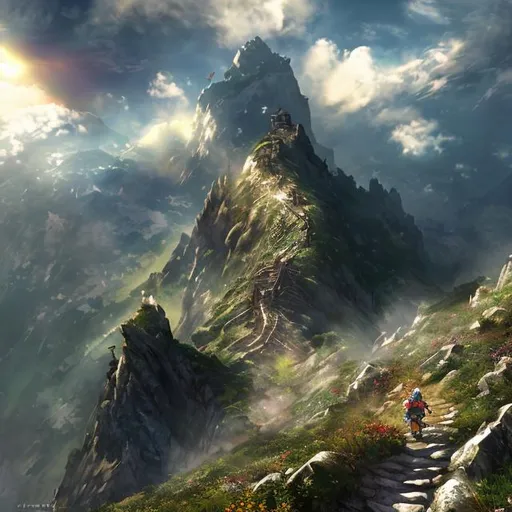 Prompt: Steep mountain path, up a narrow mountain peak, surrounded by the sunshine and clouds, HD Landcsape fantasy art, Zelda, Dark Souls, fantasy game
