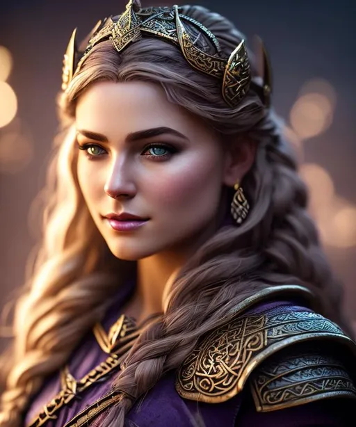 Prompt: create most beautiful fictional female viking princess, dark purple hair, extremely detailed environment, detailed background, intricate, detailed skin, professionally color graded, photorealism, 8k, moody lighting