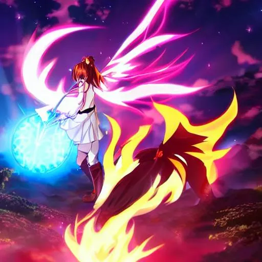 Prompt: anime dragon girl throwing sun sized fireball at plant giant