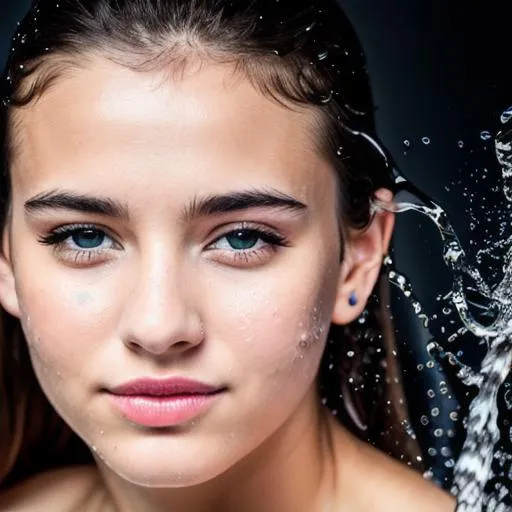 Prompt: young women, childish look, beautiful eye, ears, nose,  wet body, water droplets, volumetric lighting, highly detailed,ultra realistic, shot on nikon D850