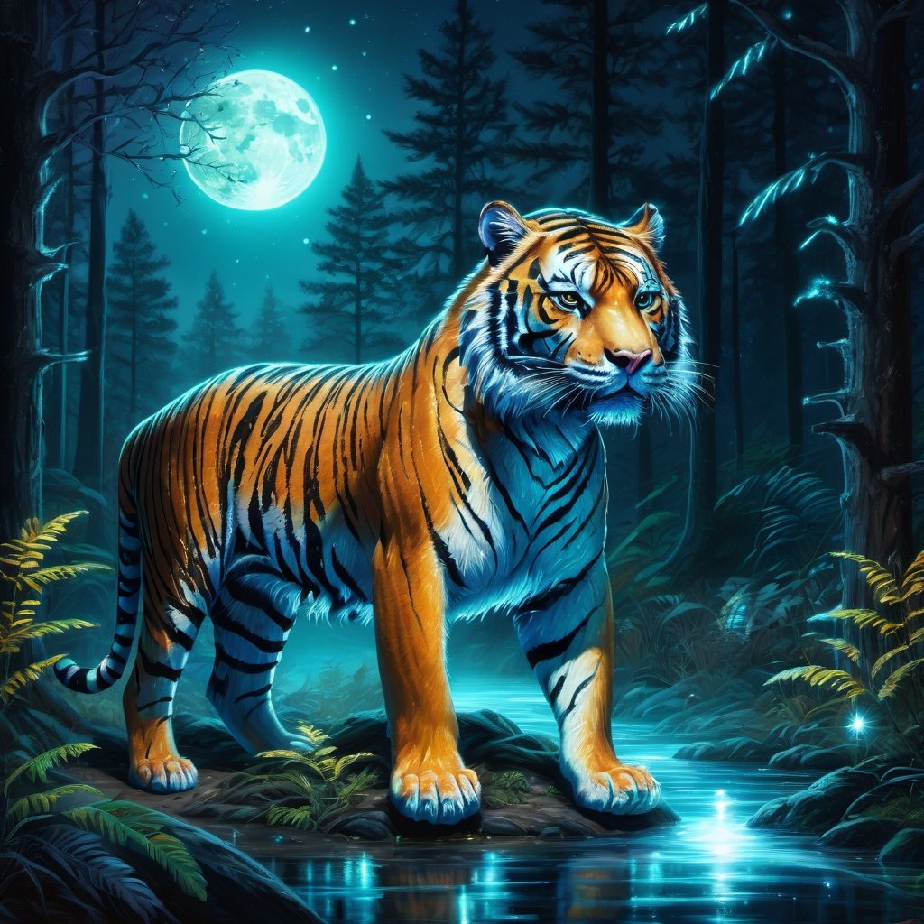 Fantasy bioluminescent tiger. Tiger quadruped. Dense... | OpenArt