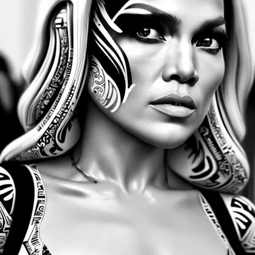 Prompt: monochrome, jennifer lopez, detailed face, face tattoos, gold neck rings tribal, beautiful, curvy, stormtrooper armor, dark trooper armour, scifi, black, no-helmet