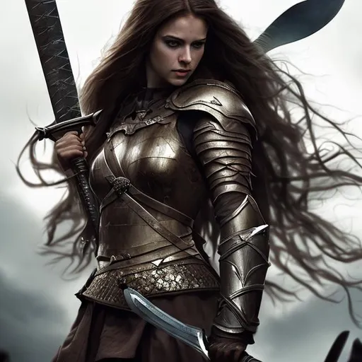 Prompt: amazing woman, cinematic,  long hair, sword, axe
