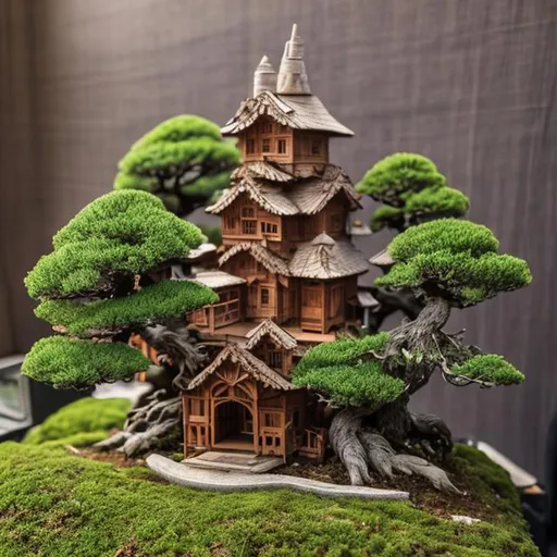 Prompt: tiny wooden castle surrounded by juniper bonsai trees
