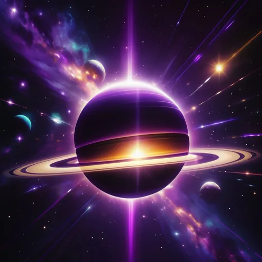 Prompt: Retri 1980s sci-fi rock music stylized art, saturn in the dark of space, rays of sun shining, vibrant bright purple colors, glittering galaxies