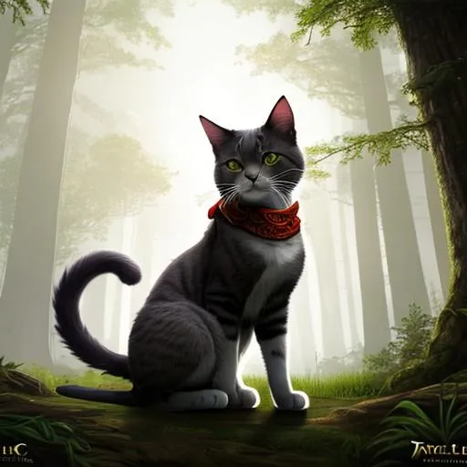 Prompt: ((Cinematic high quality photo)), ((photorealistic full-body portrait masterpiece)) of a hyperdetailed 
 ethereal, unnatural, gray-skinned, menacing cat in battle stance, resembling the Druid from Diablo 2, small tail, fibulae hind limbs and cat hocks, wearing a runic druid red scarf, standing atop a lush hill in a dark forest on a red full moon night, battling infernal monsters,

unreal engine 8k octane, 3d lighting, UHD, HDR, 8K, render, HD

 