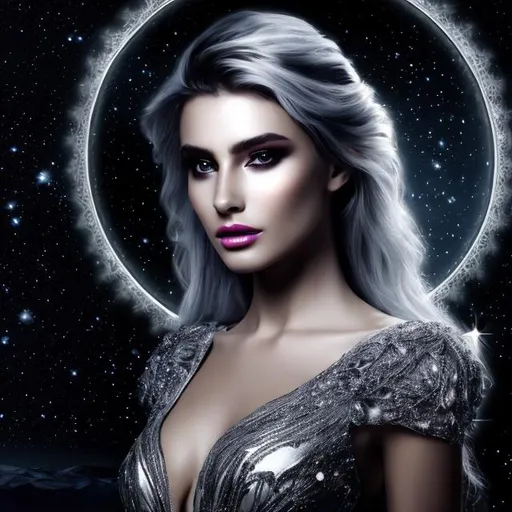 Prompt: HD 4k 3D 8k professional modeling photo hyper realistic beautiful woman ethereal greek goddess of the night
silver hair gray eyes gorgeous face black skin black shimmering dress black wings full body silver jewelry  crown surrounded by magical glowing starlight hd landscape background of enchanting mystical stars black cosmos moon