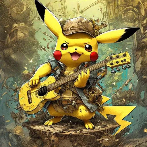 Prompt: "Biopunk ''Pikachu Pokemon playing Yellow Guitar'' : by Ken Sugimori, Jean-Baptiste Monge, Carne_griffiths, Brian Kesinger and guillermo del toro : ornate, dynamic, elegant, lacey, extremely detailed, centered, sharp focus, octane render, splash art"