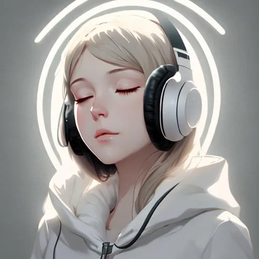 Prompt: Portrait of a seraphim. White background. Her eyes are closed. Wearing headphones. White halo over head. HD. Ilya Kuvshinov.