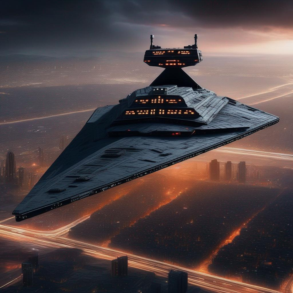 A Star Destroyer from Star Wars movies, above the ci...