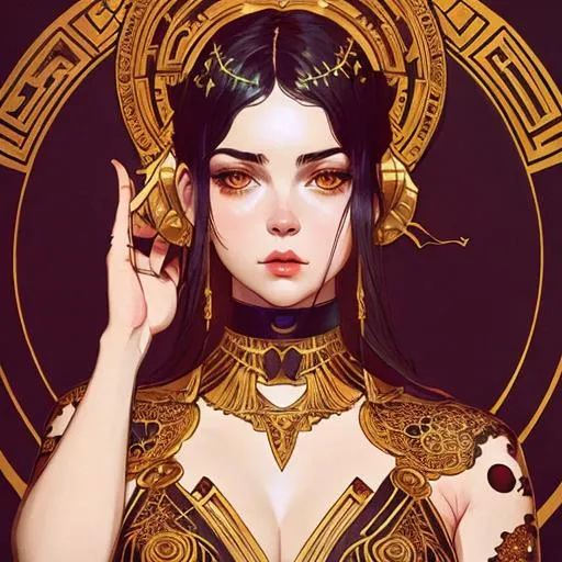 Prompt: Art by Gaia. Influenced by -1000 BC. Art by J. C. Leyendecker, Ilya Kuvshinov, and Kaethe Butcher. decorate with silva and cherry gold.