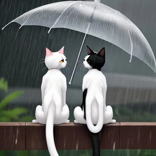 Prompt: white and black cats watching the rain


