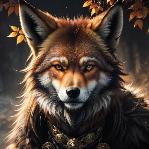 Prompt: masterpiece, epic oil painting, fantasy art, insanely beautiful portrait of a brawny rugged fox-wolf hybrid, quadrupedal canine, UHD, HDR , 8k eyes, detailed face, big anime intense eyes, Game of Thrones, wearing wreath of golden leaves, thick rose-gold fur, intricate details, insanely detailed, masterpiece, cinematic lighting, hyper realistic, hyper realistic fur, 8k, complementary colors, insanely beautiful and detailed mountain peak castle, golden ratio, high octane render, volumetric lighting, glaring, growling, wise, depth, highly detailed intense shading, unreal 5, concept art, artstation, top model, sunlight on hair, sparkling gold jewels on crest, intricate hyper detailed breathtaking colorful glamorous scenic view landscape, ultra-fine details, hyper-focused, deep colors, intense colors, dramatic lighting, ambient lighting, by sakimi chan, artgerm, wlop, pixiv, tumblr, instagram, deviantart