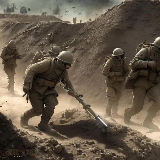 Prompt: trench warfare, scifi, realistic, army, soldiers, rocket attack, trench, desert, mountain trench