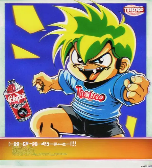 Prompt: cool, character boy mascot, chibi, energy drink advertisement, scan lines, retro, tokyo, 80s