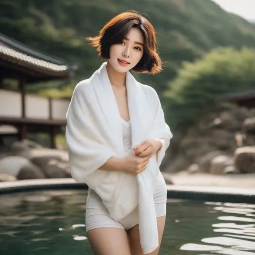 Prompt: Young Korean woman with short, bob-cut hair, light makeup that accentuates her natural beauty, and clutching a towel around her private parts and showing off her creamy white skin while tucking her hair behind her ear as she is about to enter the hot springs.