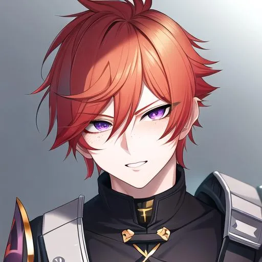 Prompt: Erikku male (short ginger hair, freckles, right eye blue left eye purple) UHD, 8K, Highly detailed, insane detail, best quality, high quality, fighting, in pain