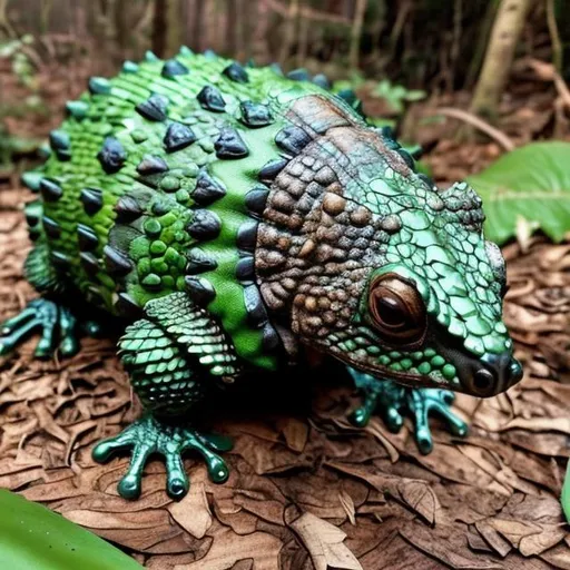 Prompt: It is a mix between a frog and an armadillo. It is green and has slimy sticky skin because of the frog genes, but has scales and legs like an armadillo. The green skin helps it blend in with the undergrowth of the forest it lives in. It has a long green armadillo tail, and its full length (including the tail) is 10 inches long. He is 10 inches tall, and weighs 12 pounds. Bioluminescent mushrooms grow on its head because he eats them as well as they are a defence method because they are poisonous too, and yet the smiler doesn’t get poisoned when eating them. Its eyes glow very slightly because of the bioluminescence in its diet, and it has a big scary smile that scares children and animals that are smaller than him. It moves around by hopping and rolling mostly. Hopping from the frog genes, and rolling from the armadillo genes. The armadillo legs have little claws made of extra thick keratin. 