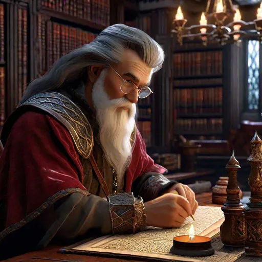 Prompt: D&D wizard in a study, highly detailed, professional, render, Sharp focus, HD, UHD, HDR, hyper realistic 