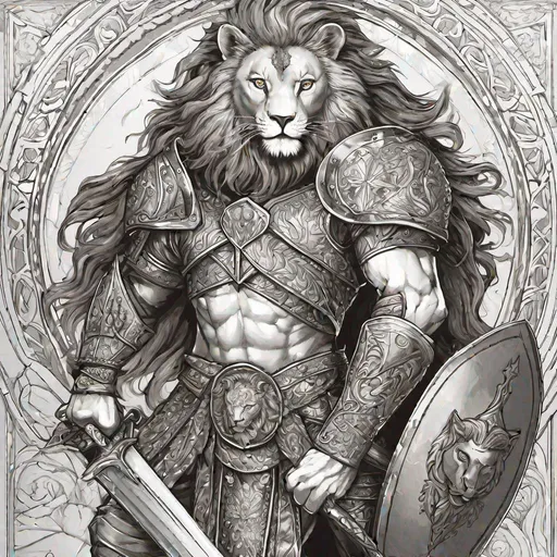 Prompt: A feline lion-man with a fiery mane.
He is standing with a sword in the right hand, the sword is pointed down.
He has a shield on his back. It is clearly young. Well draw face. Detailed. 