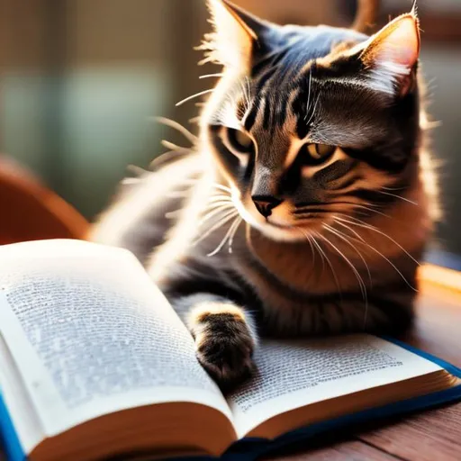 Prompt: a cat reading on a table
