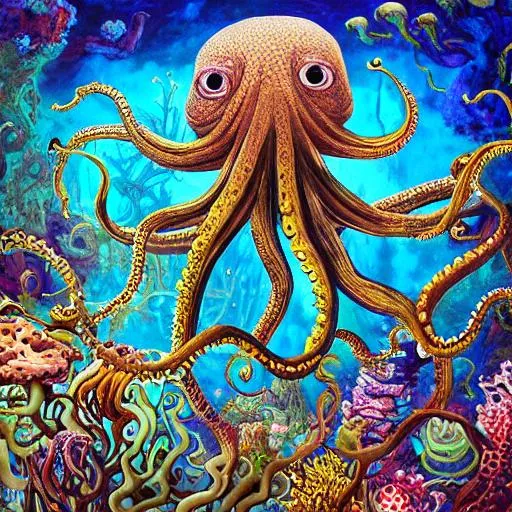 Prompt: Insanely detailed fantasy and whimsical portrait painting of an Octopus with its long, flowing tentacles reaching out in all directions amidst a coral reef filled with vibrant and exotic sea creatures; the creature’s appearance: with multiple eyes on stalks, intricate patterns covering its skin, and its multiple limbs and suction cups; environment: the coral reef is filled with vibrant and exotic sea creatures, each with its own unique shapes, sizes, and colors; Genres: Surrealism, Fantasy, Whimsy; Styles: Tim Burton-style, Eccentric, Art Nouveau; Techniques: Stippling, Cross-hatching, Overlapping Shapes; Light settings: Dim and moody with shadows playing across the coral reef; Colors: Vibrant, saturated blues, greens, and purples; Descriptive terms: Whimsical, Eccentric, Surreal, Intricate, Dreamlike; by Artists: Tim Burton, Gustav Klimt, Alphonse Mucha, Viktor Vasnetsov, J.C. Leyendecker; 8K 3D, CGSociety, trending on Artstation, 8K resolution
