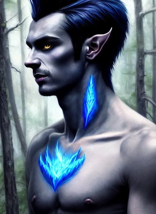 Prompt: Portrait of a male dark elf with {midnight blue} hair and with handsome face, forest background, with a dragon tattoo on his chest ,perfect composition, hyperrealistic, super detailed, 8k, high quality, trending art, trending on artstation, sharp focus, studio photo, intricate details, highly detailed, by greg rutkowski