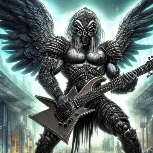 Prompt: Bodybuilding Assyrian Winged chained warrior playing guitar for tips in a busy alien mall, widescreen, infinity vanishing point, galaxy background