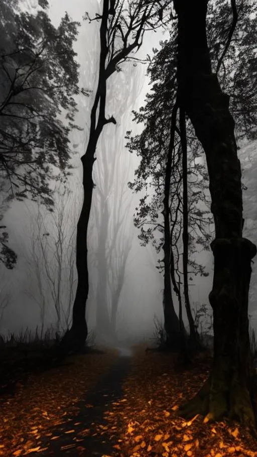 Prompt: A scary photo of a dark spooky haunted fall forest with thick detailed leafy dark trees and thick dark spooky fog mist and dark detailed spooky bushes and shrubs covered by the obscuring thick spooky fog and dark shadows and a thick layer of dark spooky detailed fall leaves obscuring the dirt ground 