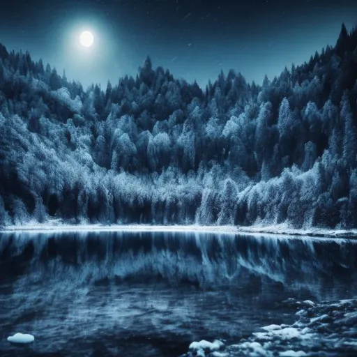 Prompt: lake at night, mystical, nature, mountain with forest, full moon, UHD, 4K, ultra high quality, dark blue, dark, cold, grey, mystic, snow, ice